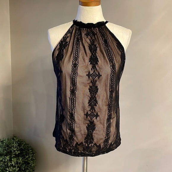 BCBGMAXAZRIA Black netting lace / nude crew neckline halter top. size Med - Picture 1 of 13